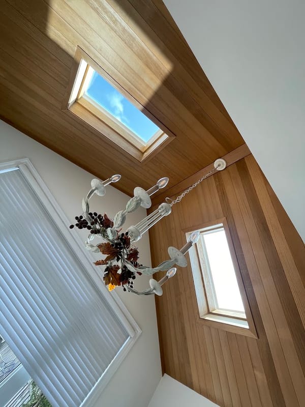 Two finished skylights letting light through a wood-panelled ceiling